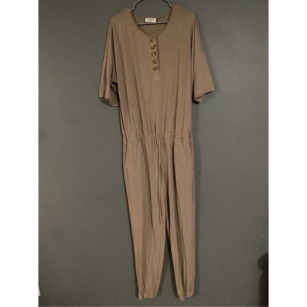 Zenana Plus Size Jogger Jumpsuit Brown Long Sleeve Elastic Waist Chic 1X